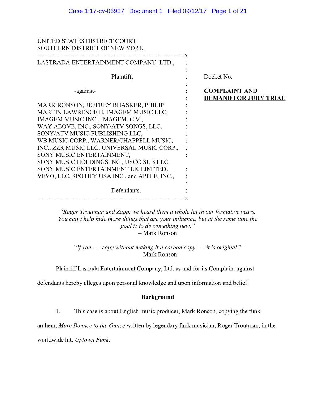 UNITED STATES DISTRICT COURT SOUTHERN DISTRICT of NEW YORK ------X LASTRADA ENTERTAINMENT COMPANY, LTD., : : Plaintiff, : Docket No