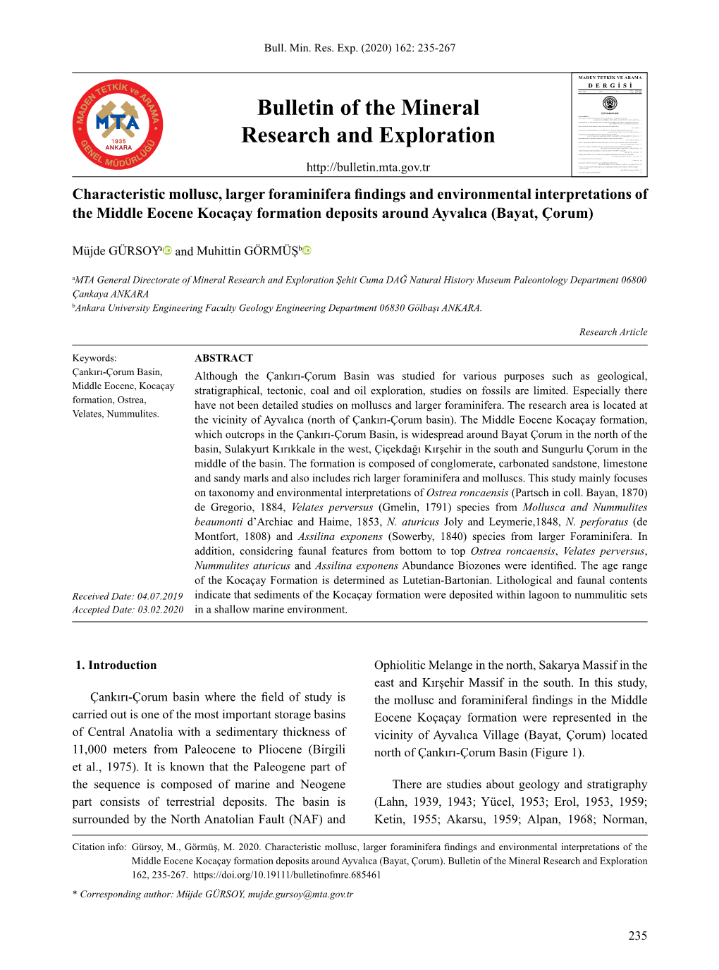 Bulletin of the Mineral Research and Exploration 162, 235-267