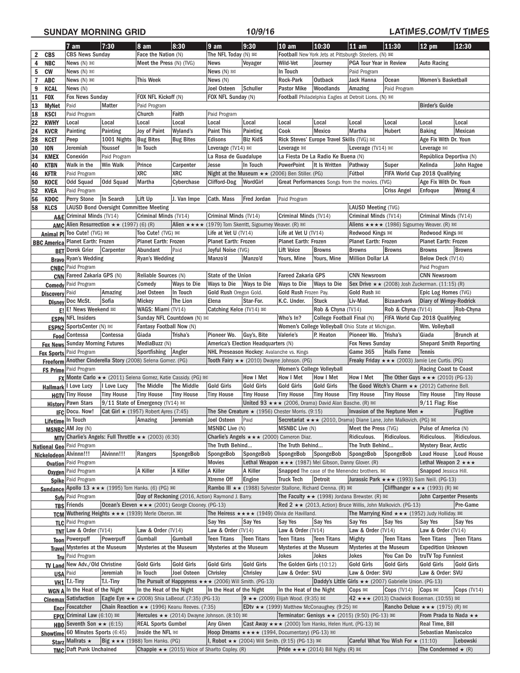 Sunday Morning Grid 10/9/16 Latimes.Com/Tv Times