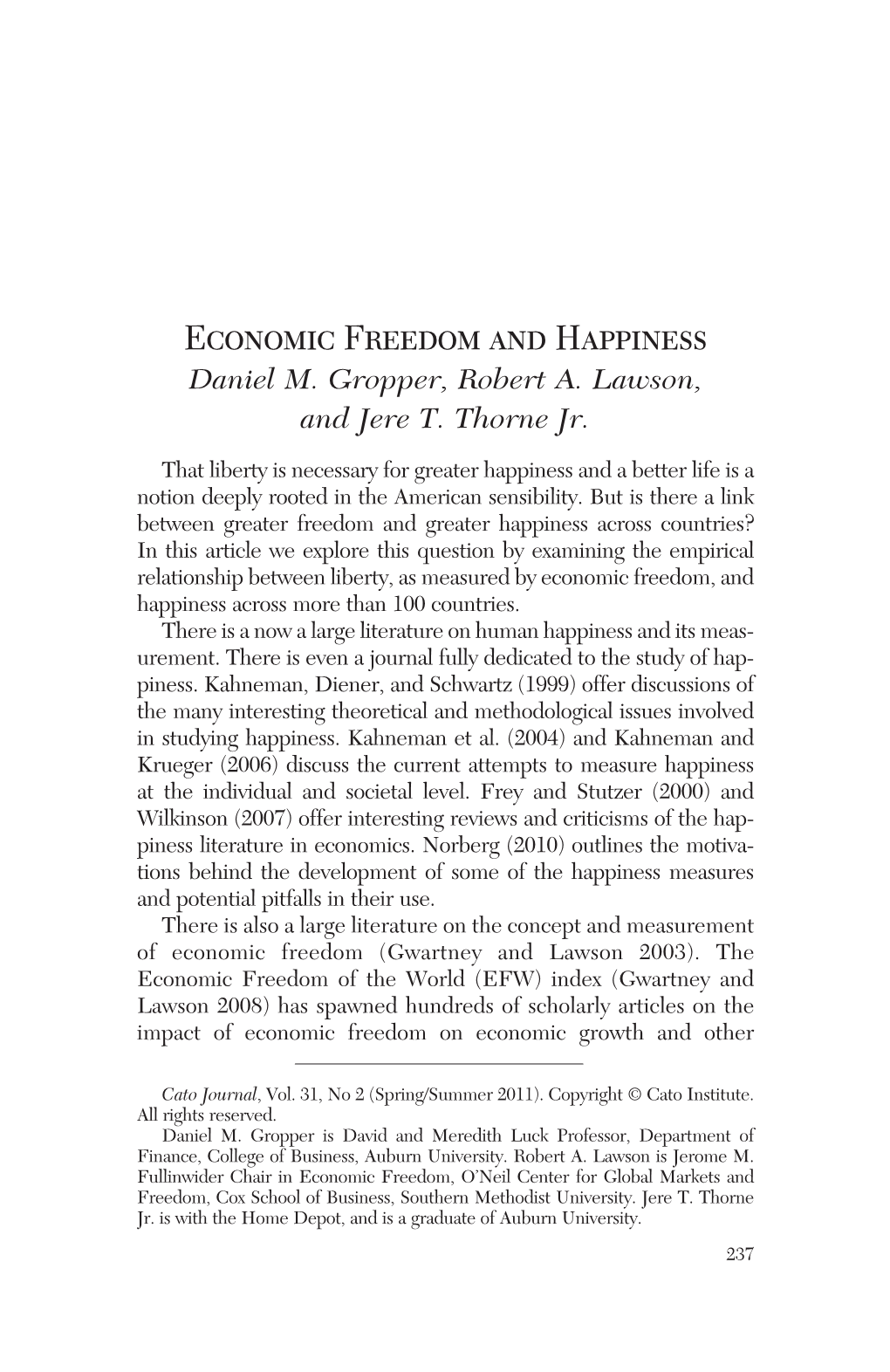 Economic Freedom and Happiness Daniel M