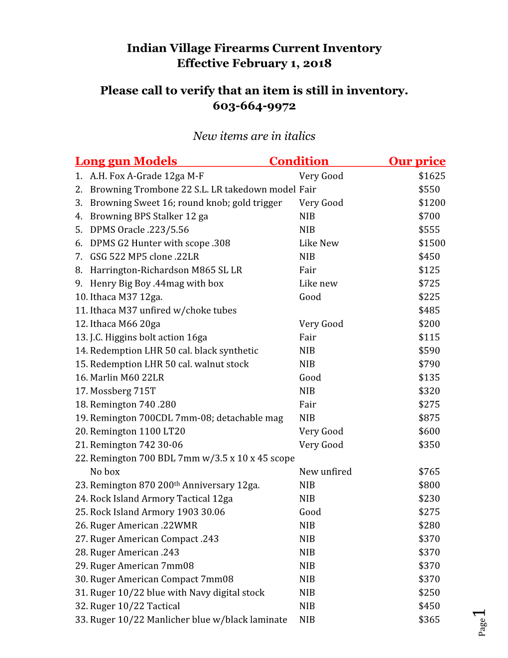 Indian Village Firearms Current Inventory Effective February 1, 2018