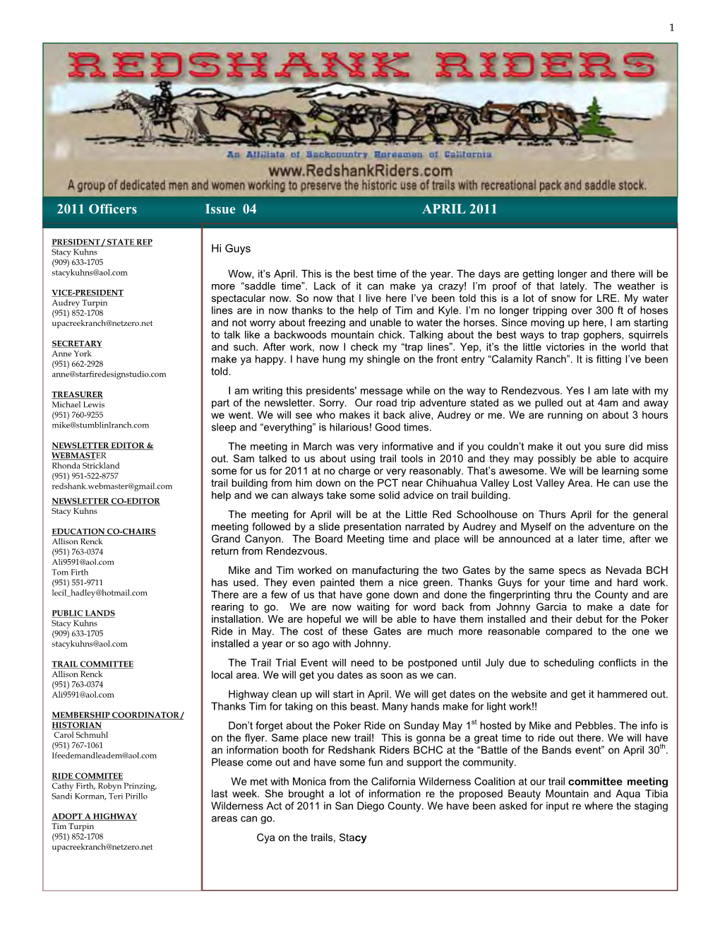 April Newsletter ~ Redshank Riders
