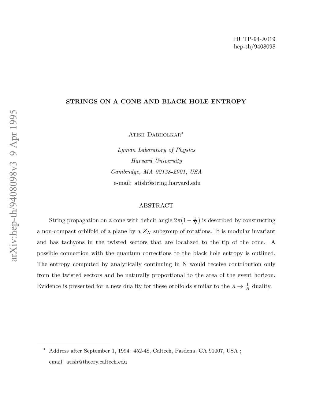 Arxiv:Hep-Th/9408098V3 9 Apr 1995