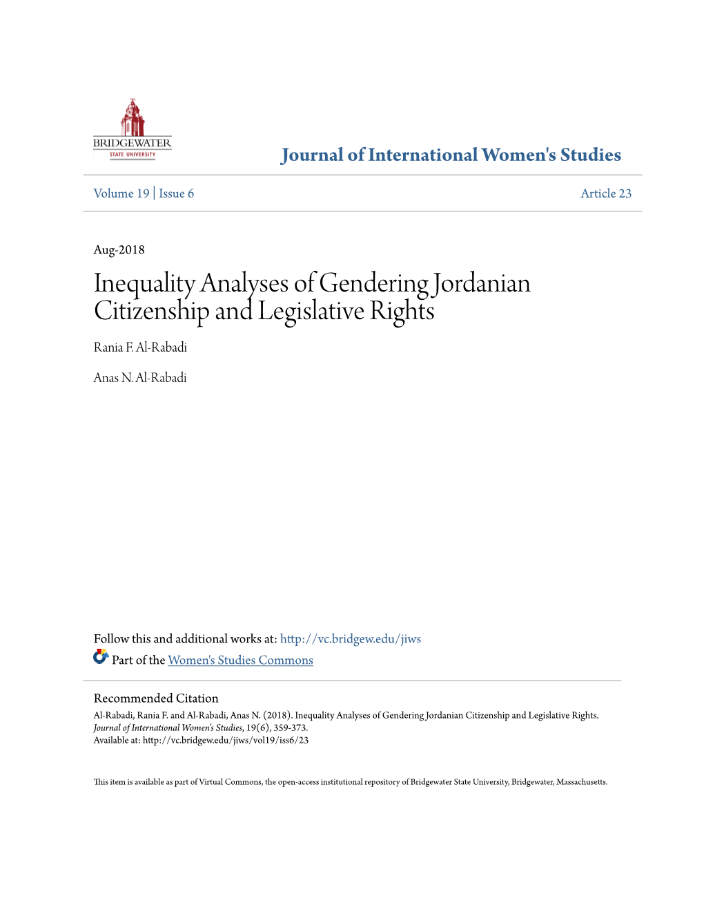 Inequality Analyses of Gendering Jordanian Citizenship and Legislative Rights Rania F