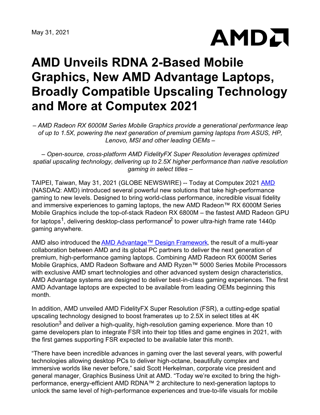 AMD Unveils RDNA 2-Based Mobile Graphics, New AMD Advantage Laptops, Broadly Compatible Upscaling Technology and More at Computex 2021