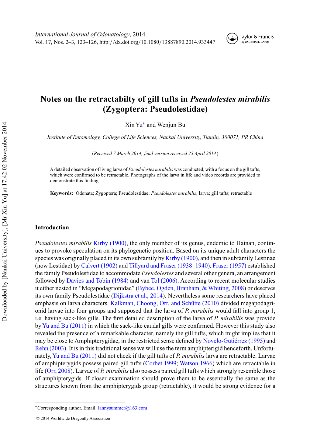 Notes on the Retractabilty of Gill Tufts in Pseudolestes Mirabilis (Zygoptera: Pseudolestidae)