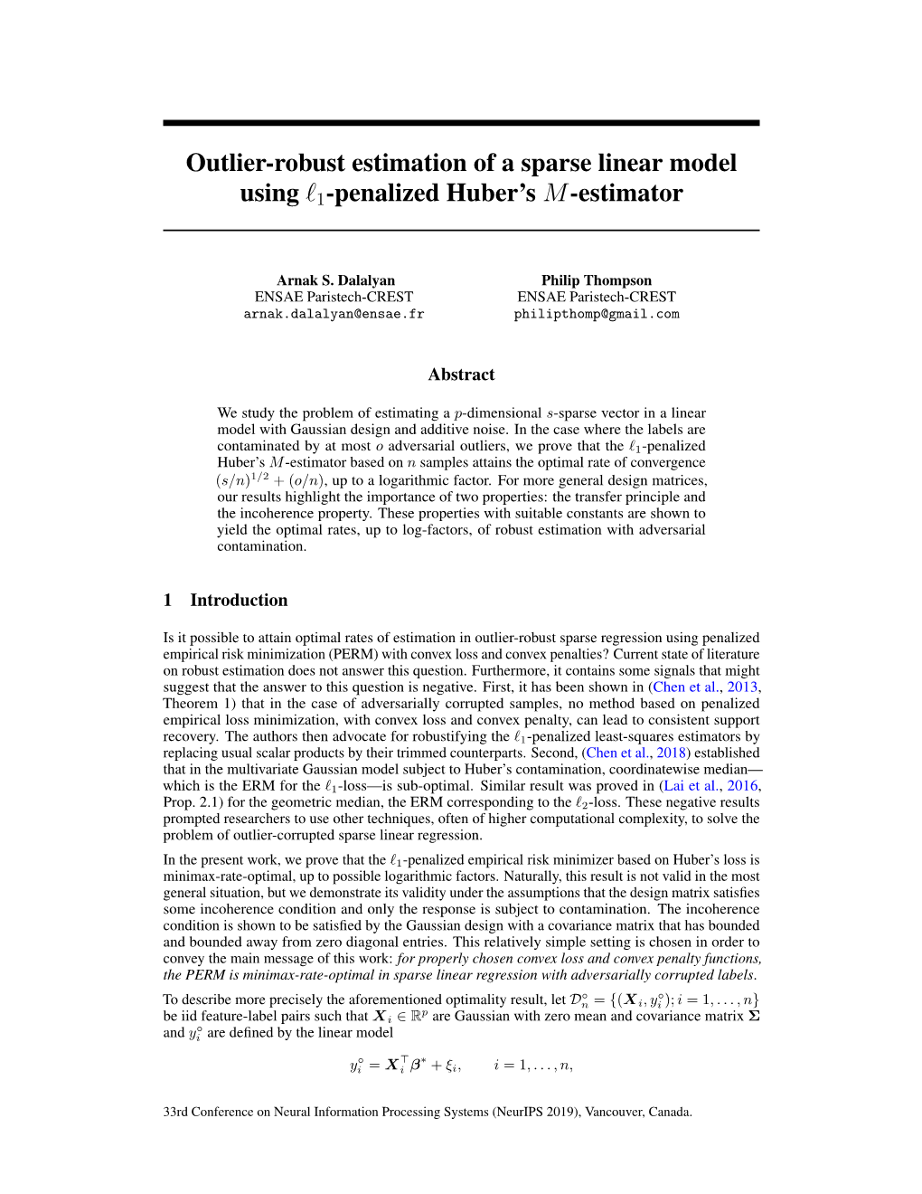 Outlier-Robust Estimation of a Sparse Linear Model Using L1-Penalized