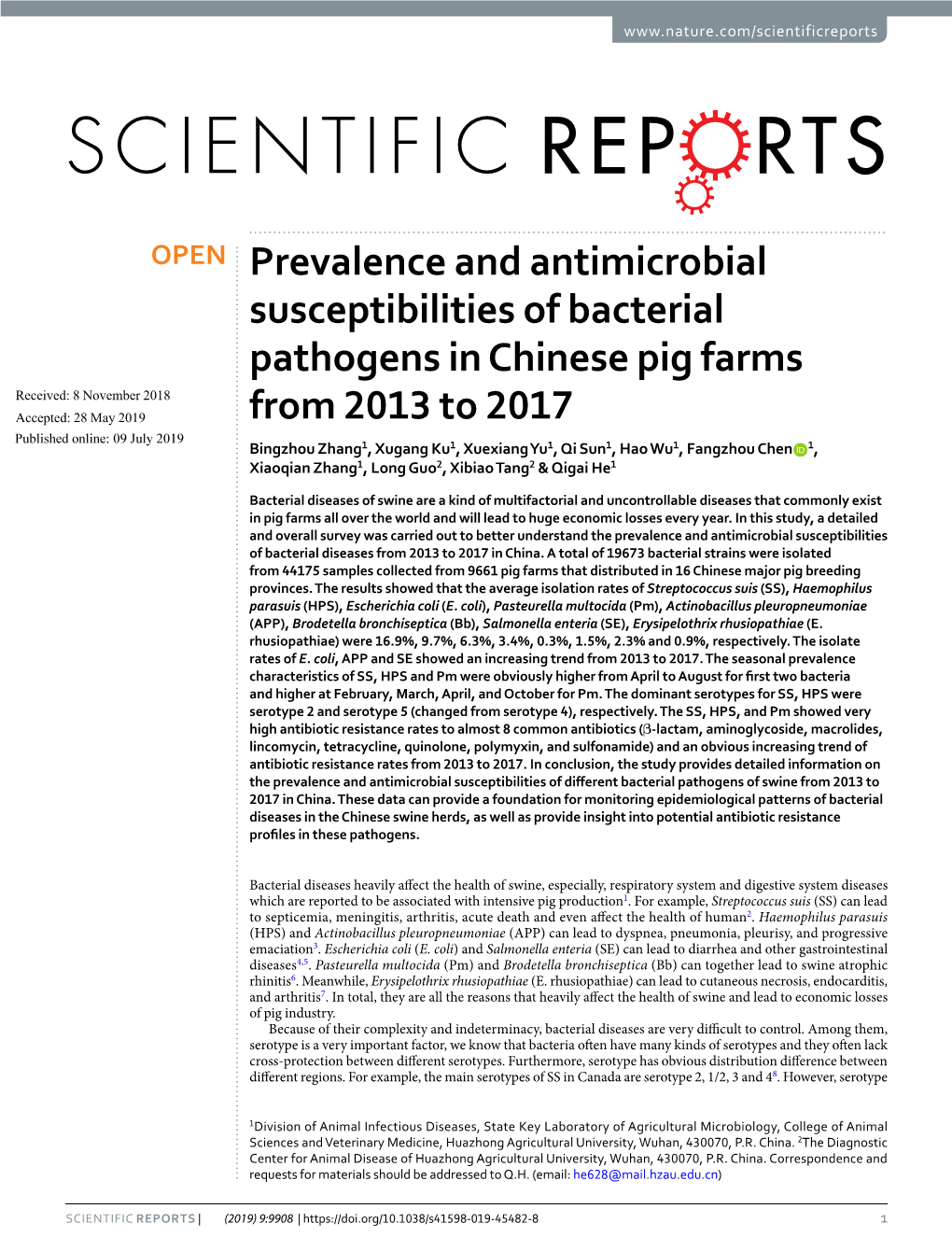Prevalence and Antimicrobial Susceptibilities of Bacterial