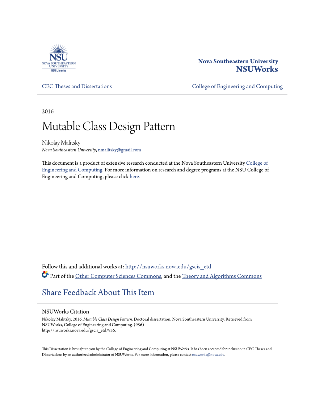 Mutable Class Design Pattern Nikolay Malitsky Nova Southeastern University, Nmalitsky@Gmail.Com