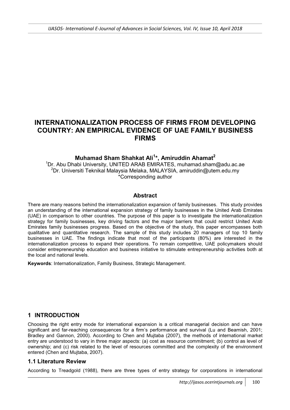 Internationalization Process of Firms from Developing Country: an Empirical Evidence of Uae Family Business Firms