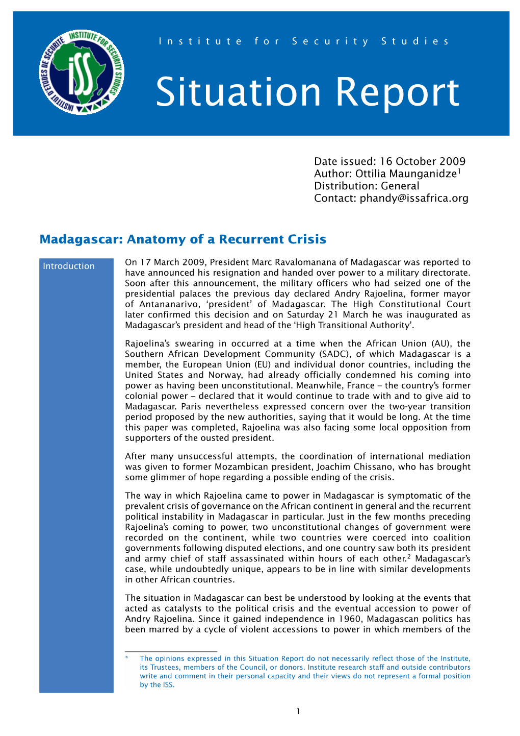 Madagascar: Anatomy of a Recurrent Crisis