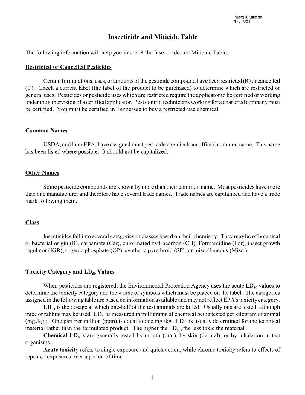 Insecticide and Miticide Table