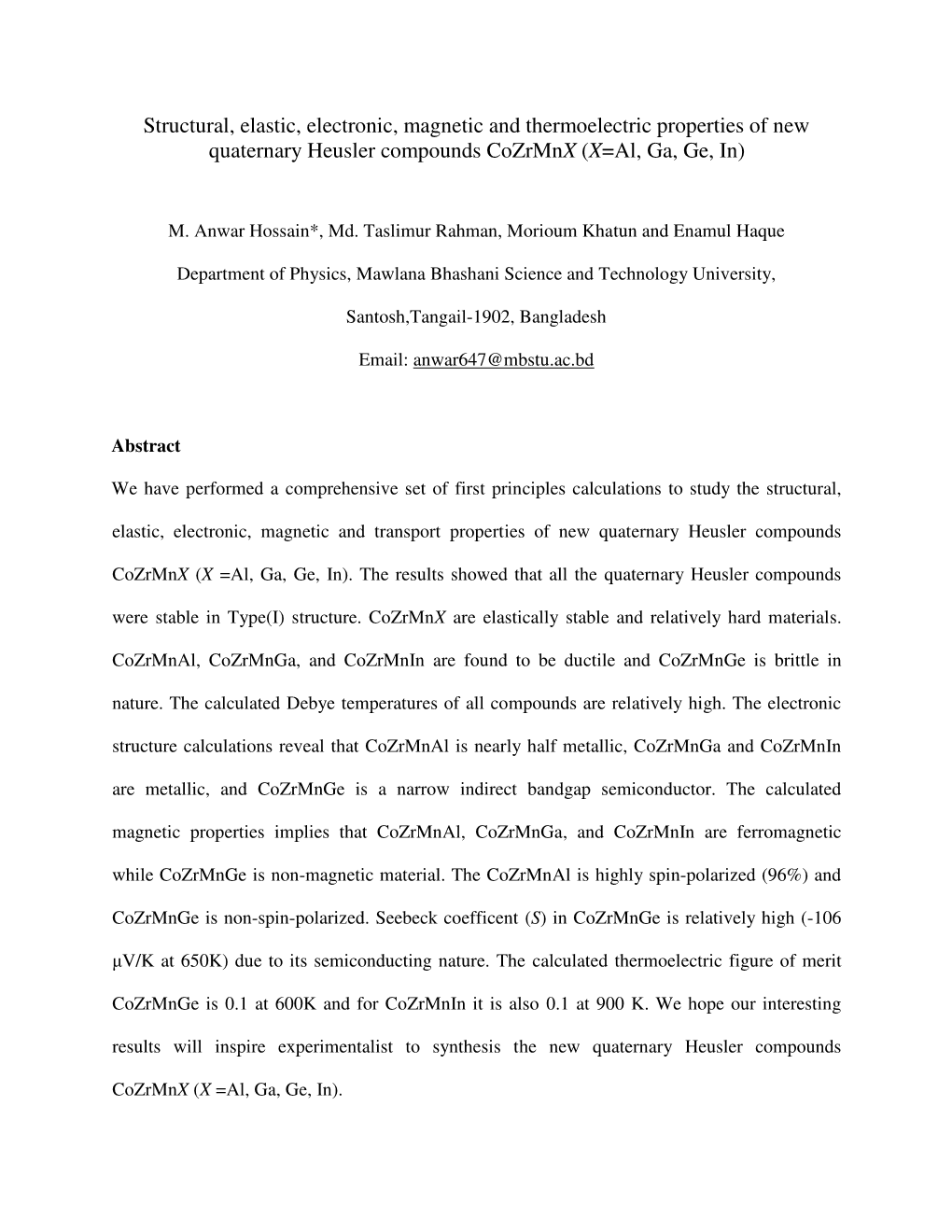 Structural, Elastic, Electronic, Magnetic and Thermoelectric Properties of New Quaternary Heusler Compounds Cozrmnx