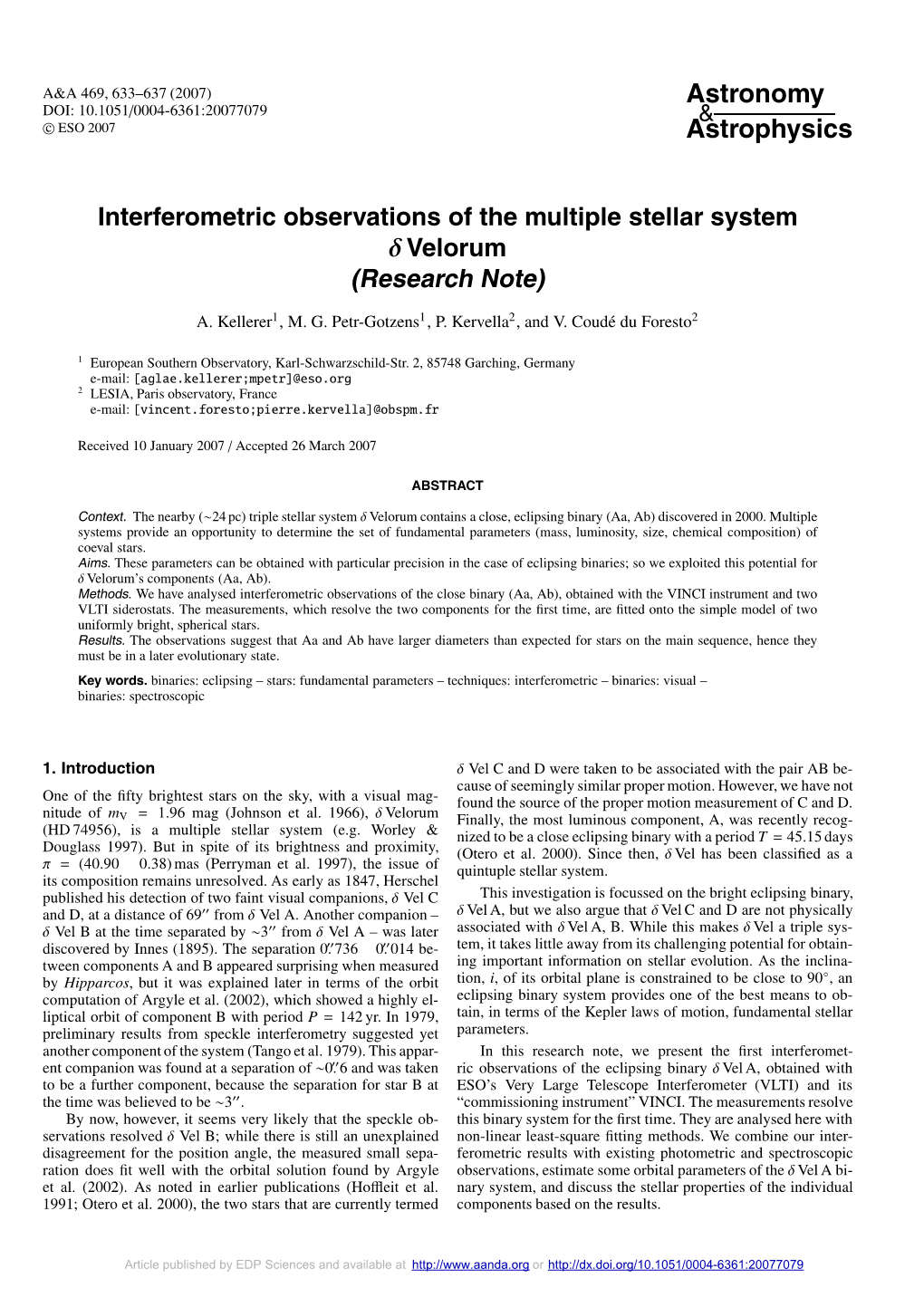 Interferometric Observations of the Multiple Stellar System Δ Velorum (Research Note)