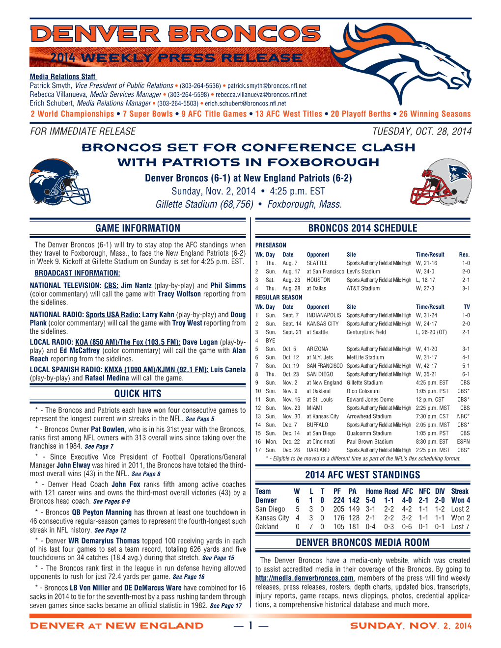 Denver Broncos 2014 Weekly Press Release