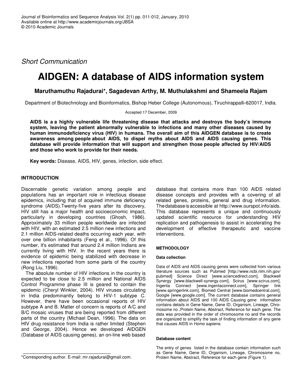 AIDGEN: a Database of AIDS Information System