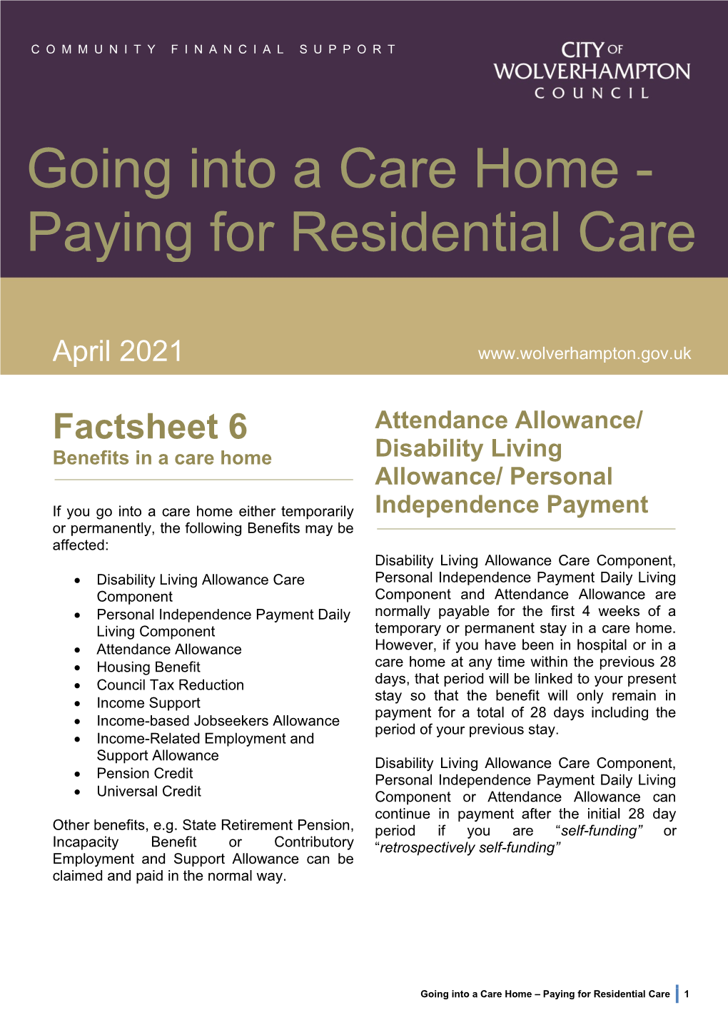 Going Into a Care Home – Paying for Residential Care 1