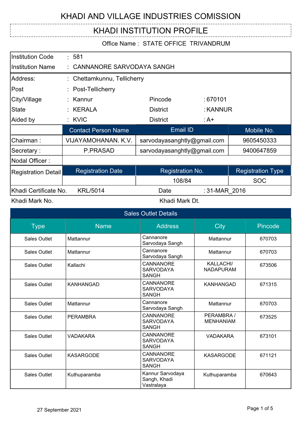 Khadi Institution Profile Khadi and Village Industries Comission