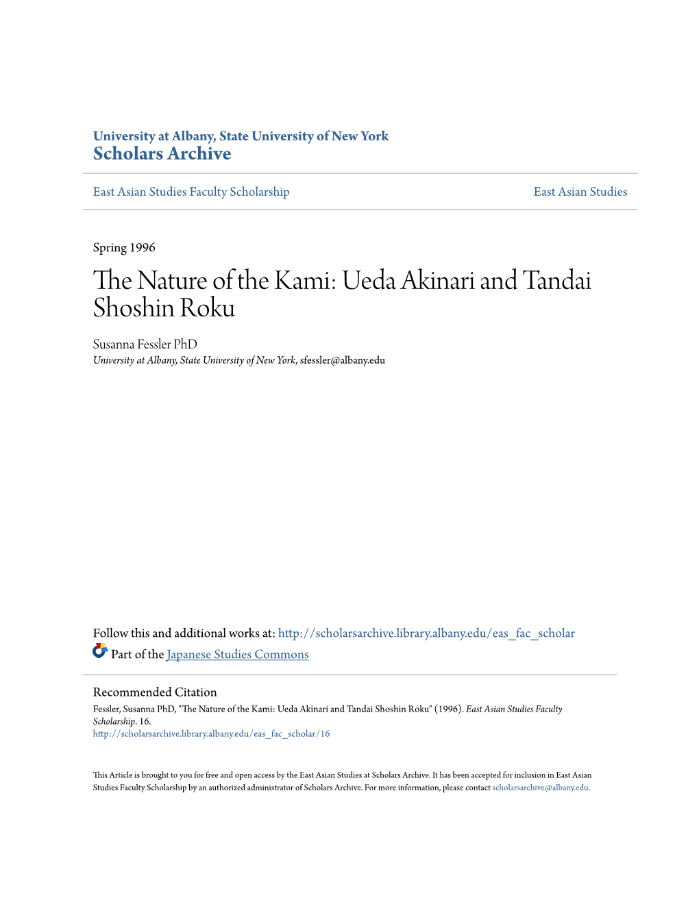 The Nature of the Kami: Ueda Akinari and Tandai Shoshin Roku