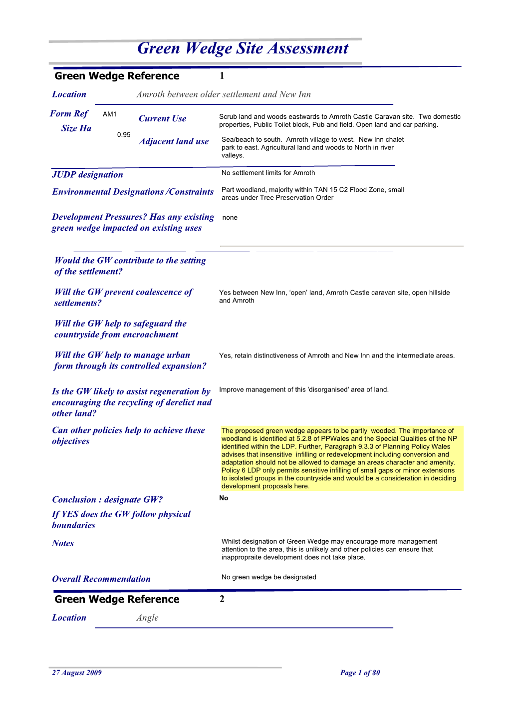 Green Wedge Site Assessment