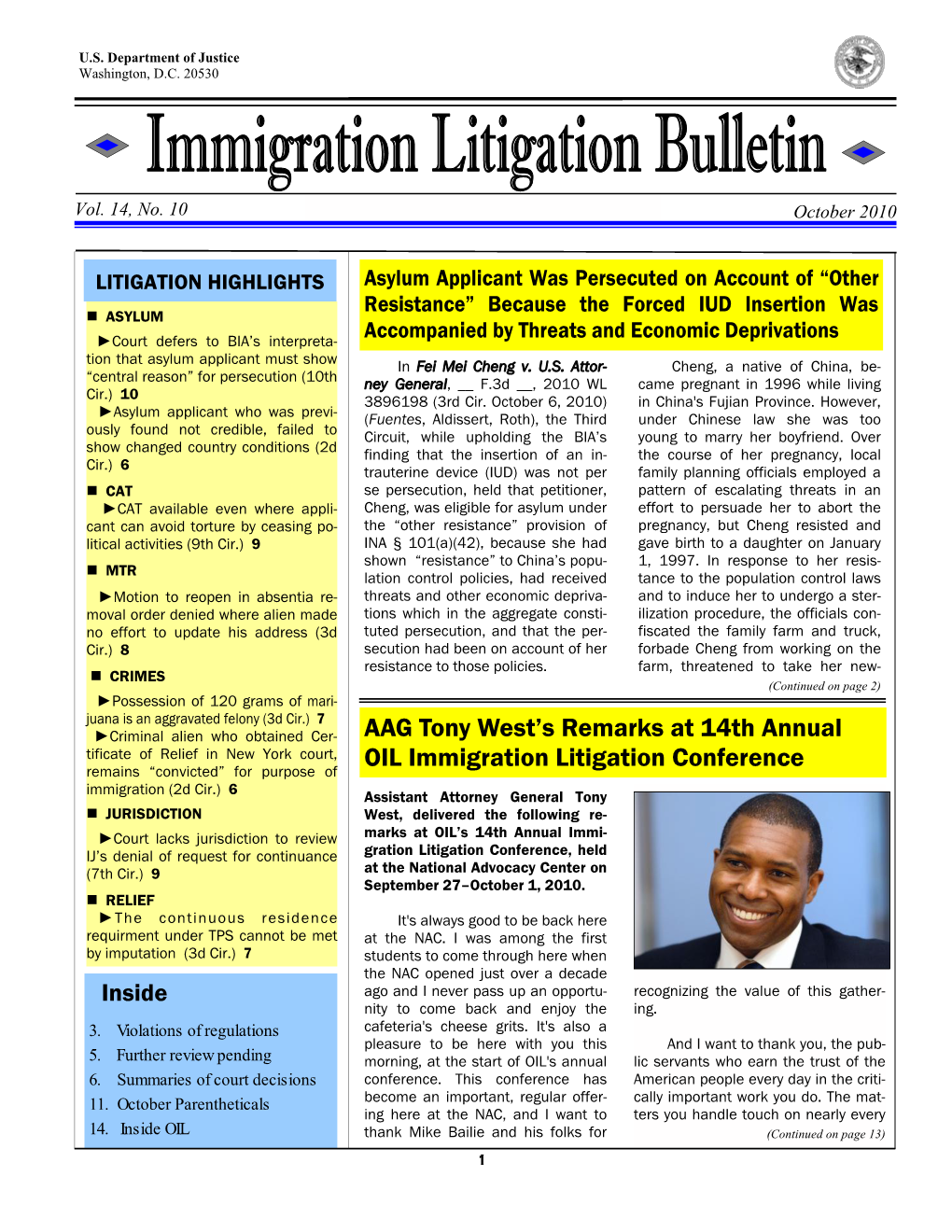 AAG Tony West's Remarks at 14Th Annual OIL Immigration Litigation