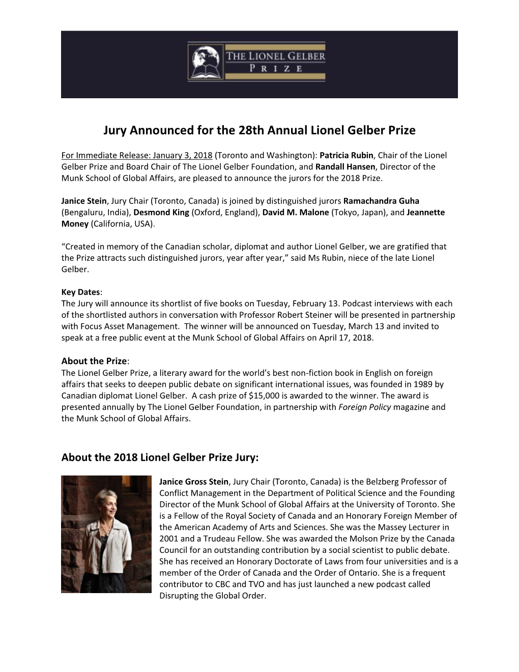 Jury Announced for the 28Th Annual Lionel Gelber Prize
