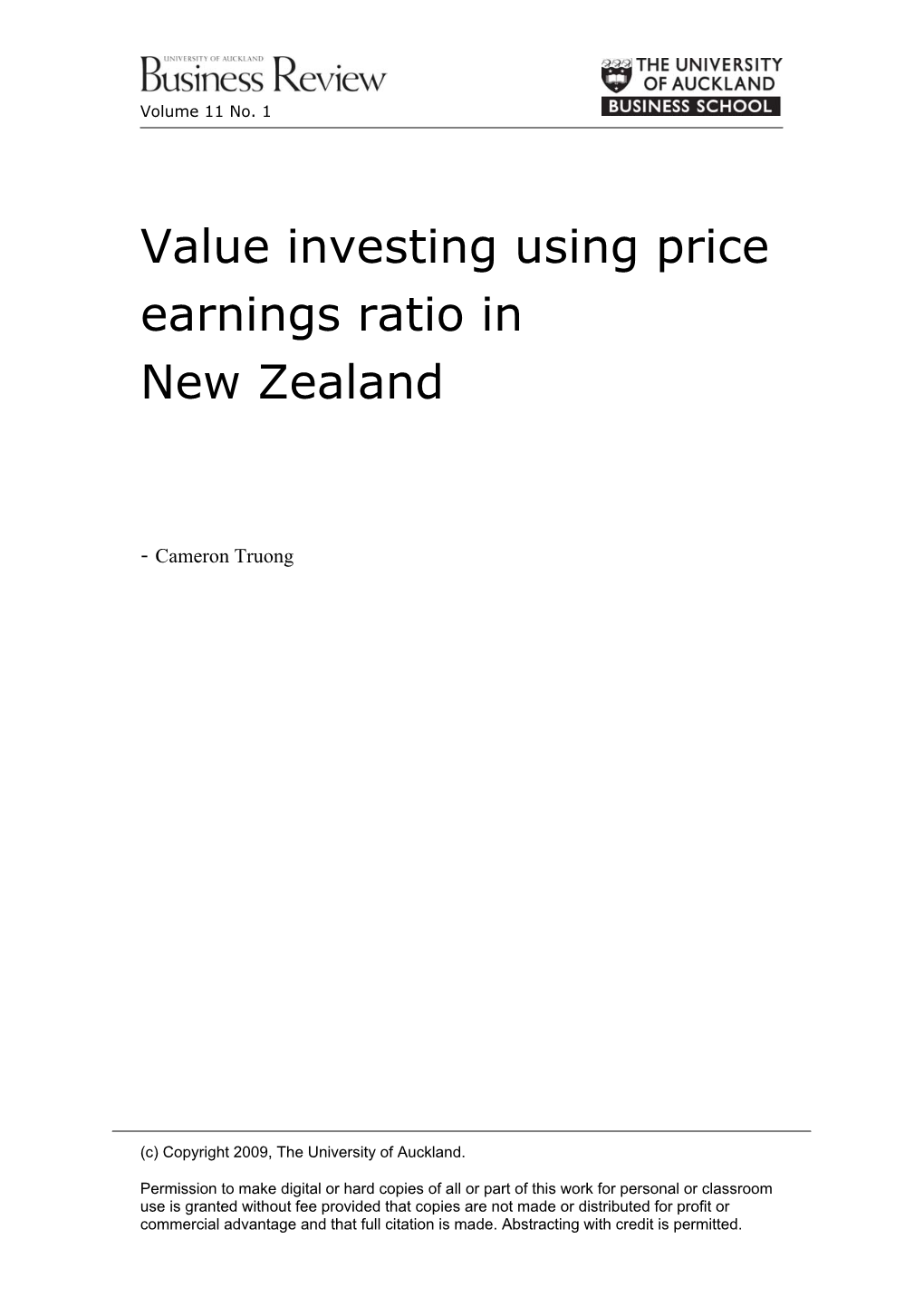 Value Investing Using Price Earnings Ratio in New Zealand