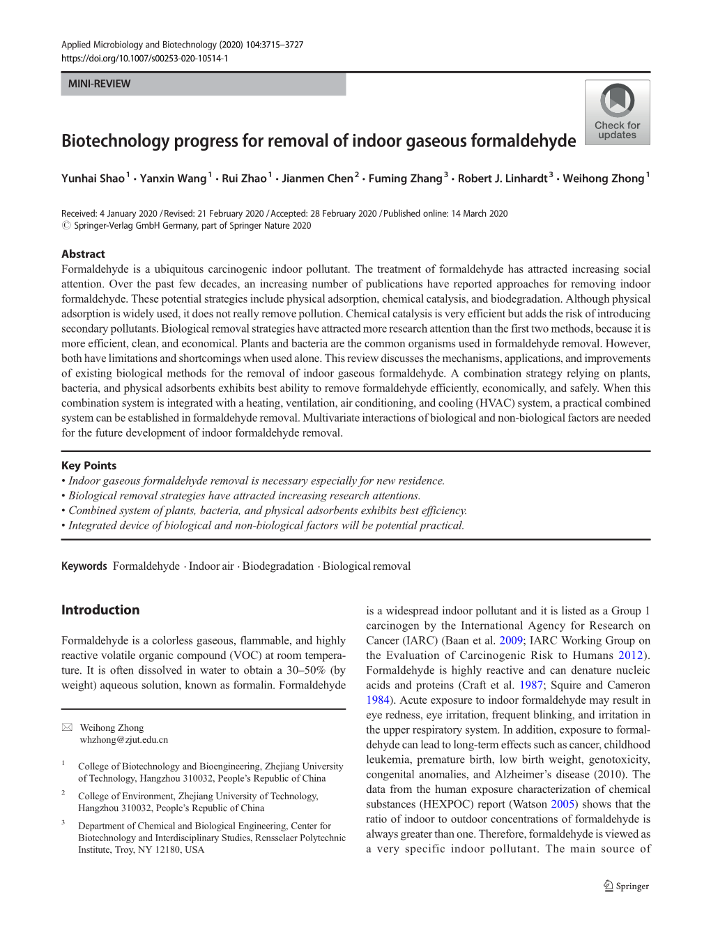 Biotechnology Progress for Removal of Indoor Gaseous Formaldehyde