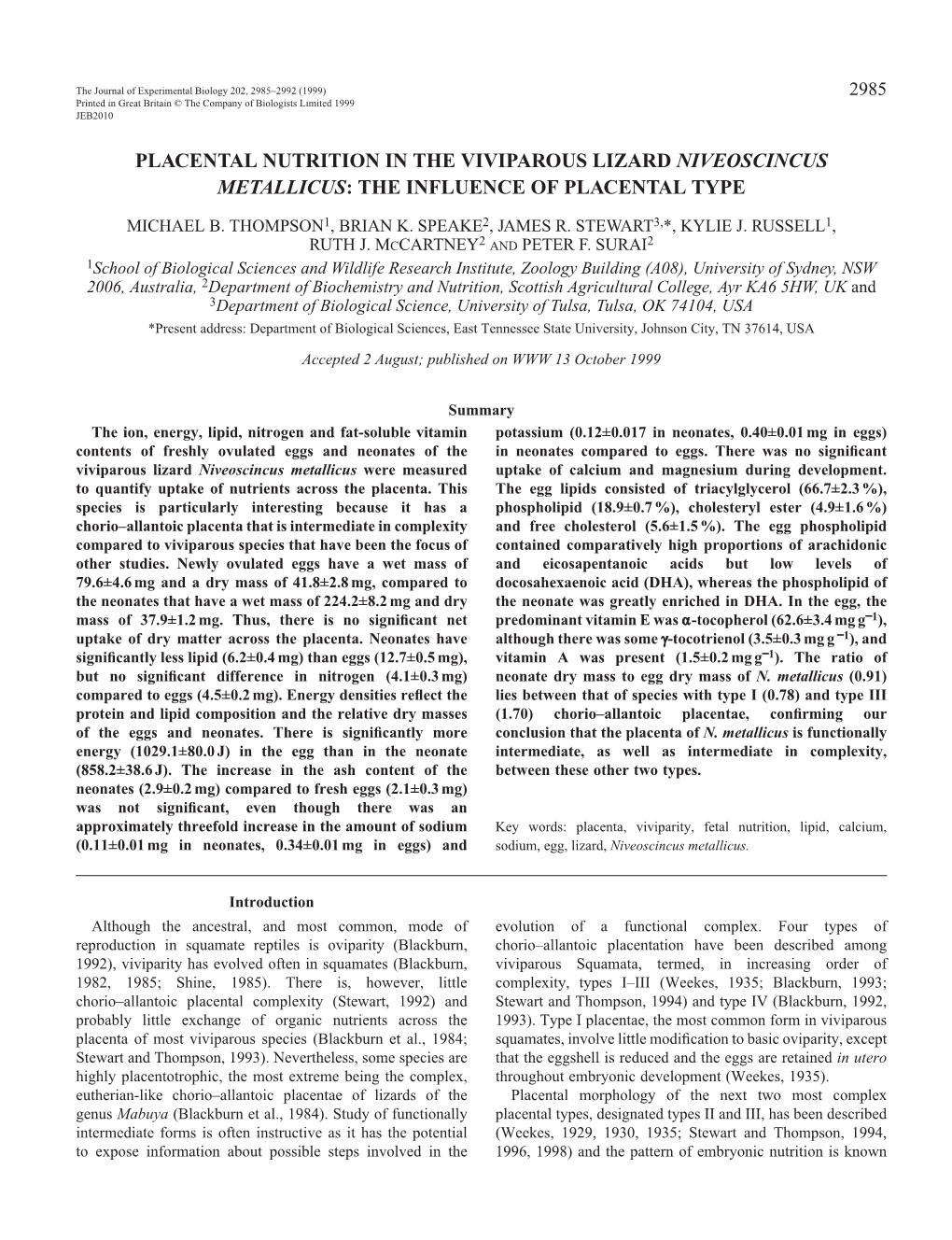 Placental Nutrition in the Viviparous Lizard Niveoscincus Metallicus: the Influence of Placental Type