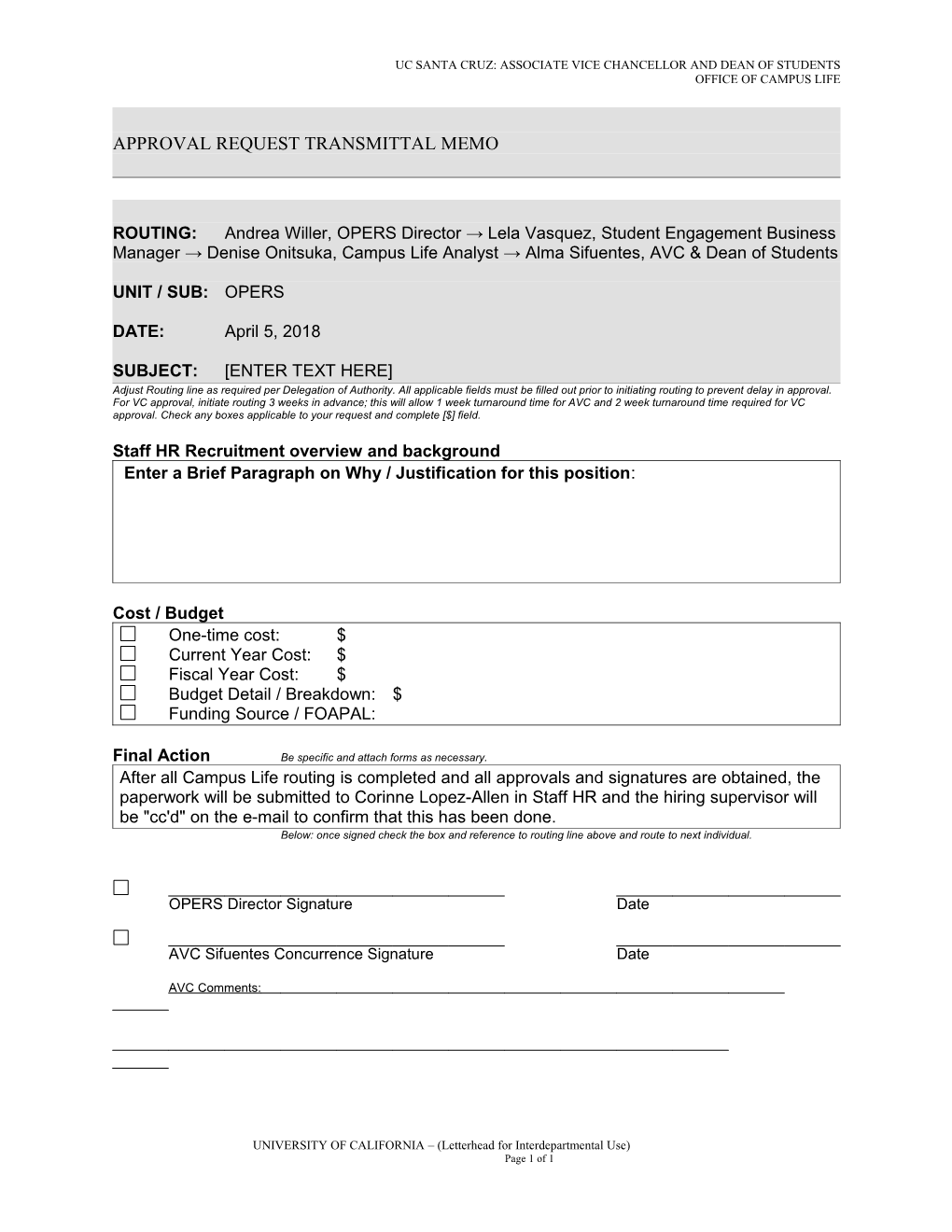 Approval Request Transmittal Memo Template