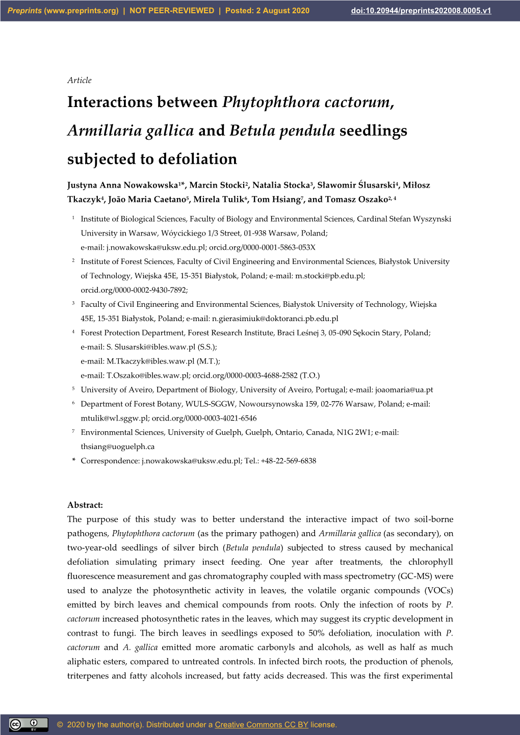 Interactions Between Phytophthora Cactorum, Armillaria Gallica and Betula Pendula Seedlings Subjected to Defoliation