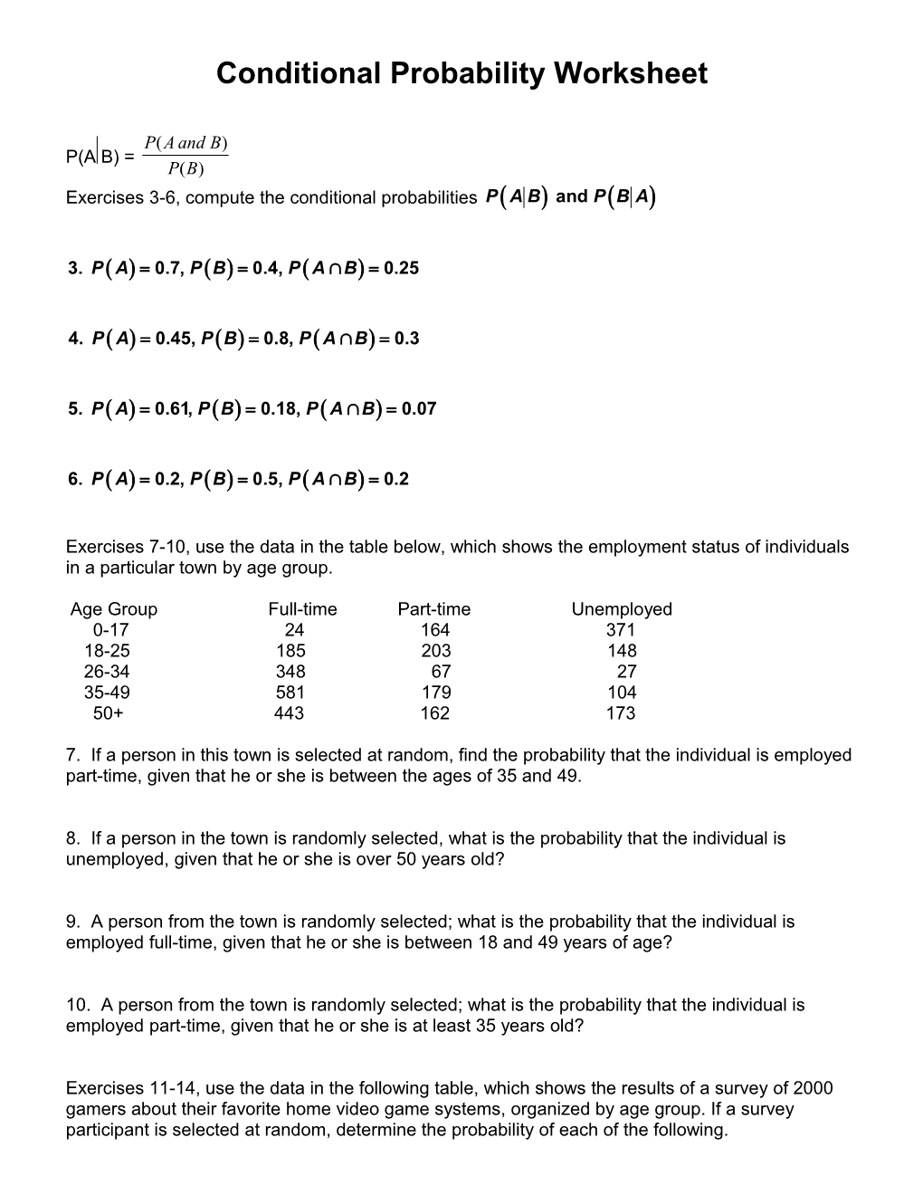 Conditional Probability Worksheet