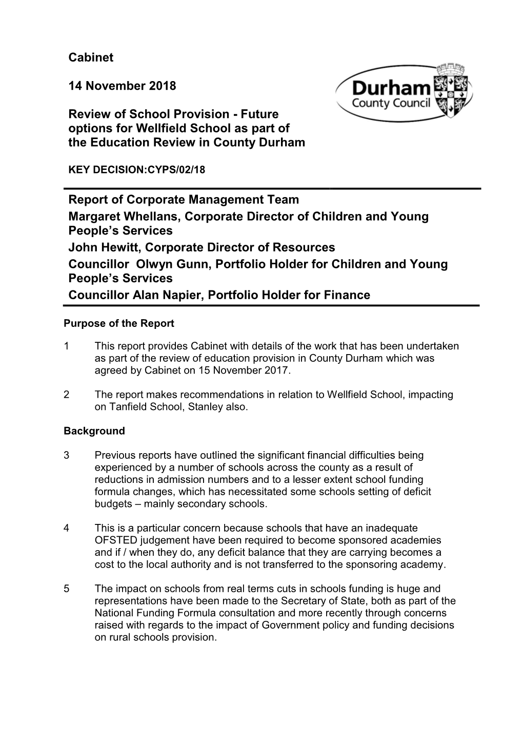 Future Options for Wellfield School As Part of the Education Review in County Durham