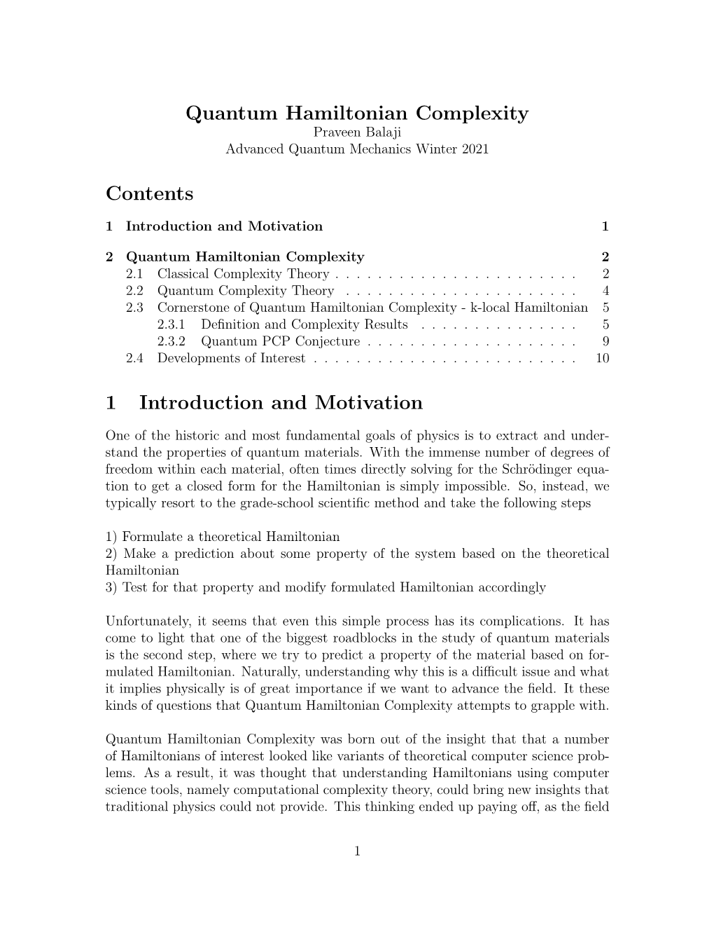 Quantum Hamiltonian Complexity Contents 1