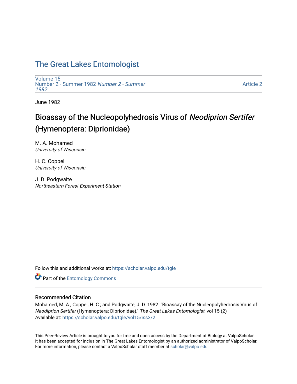 Bioassay of the Nucleopolyhedrosis Virus of Neodiprion Sertifer (Hymenoptera: Diprionidae)