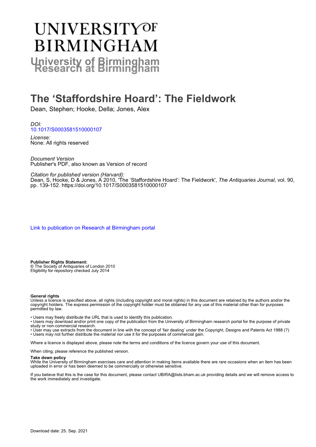Staffordshire Hoard’: the Fieldwork Dean, Stephen; Hooke, Della; Jones, Alex