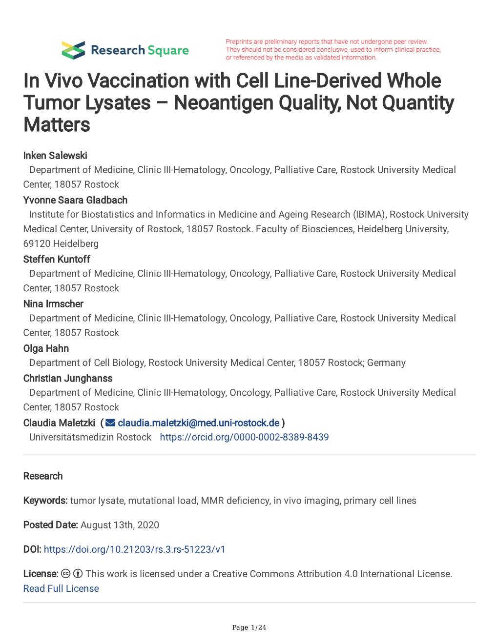 In Vivo Vaccination with Cell Line-Derived Whole Tumor Lysates – Neoantigen Quality, Not Quantity Matters