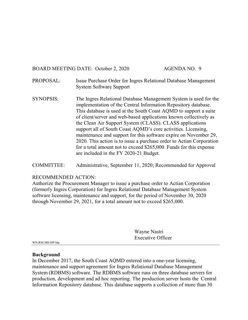 Issue Purchase Order for Ingres Relational Database Management System Software Support