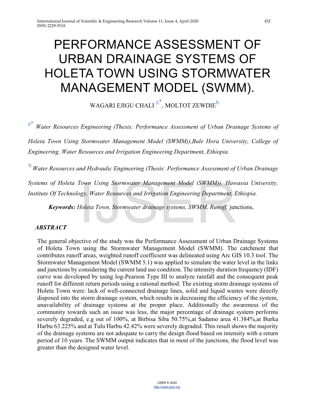 Performance Assessment of Urban Drainage Systems of Holeta Town Using Stormwater Management Model (Swmm)