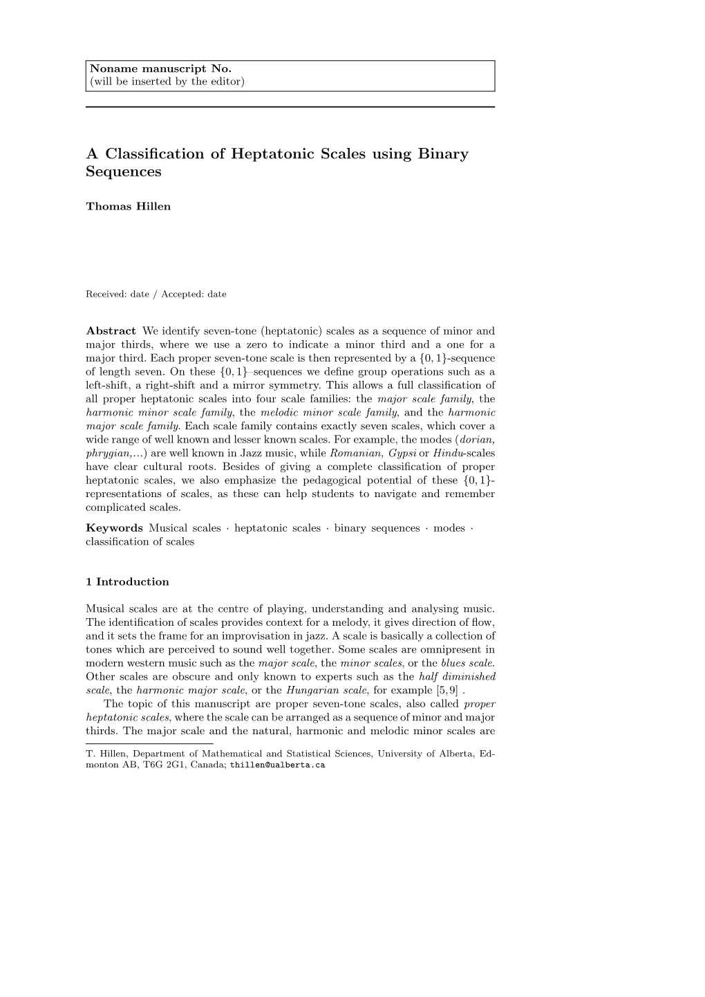 A Classification of Heptatonic Scales Using Binary Sequences