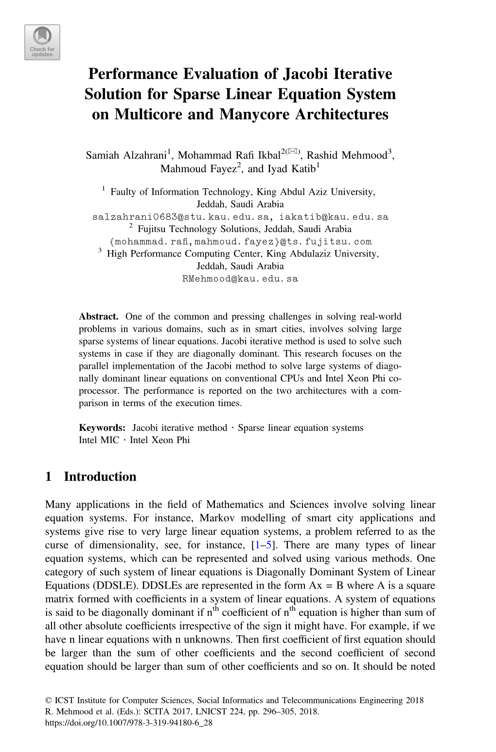 Performance Evaluation of Jacobi Iterative Solution for Sparse Linear Equation System on Multicore and Manycore Architectures