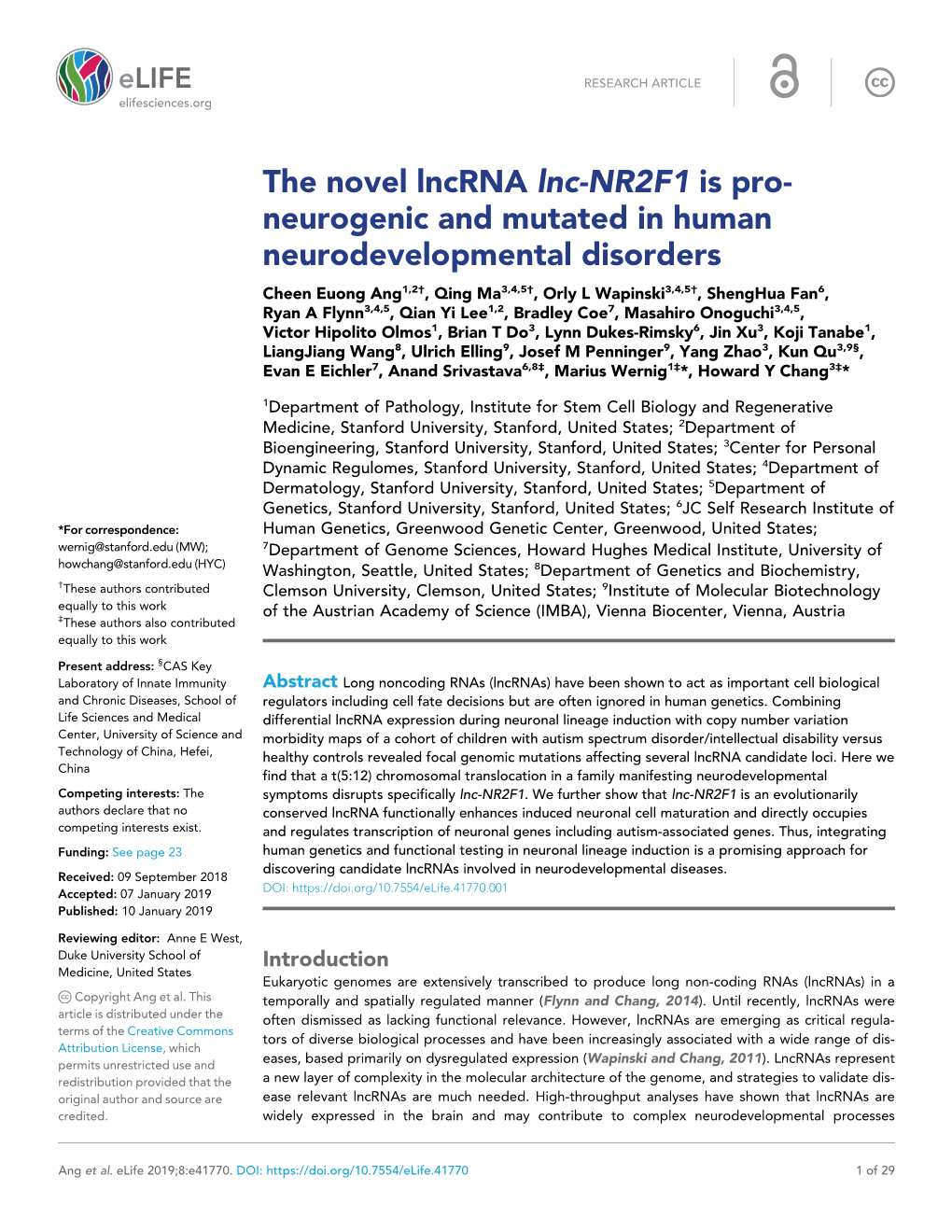 The Novel Lncrna Lnc-NR2F1 Is Pro- Neurogenic and Mutated in Human