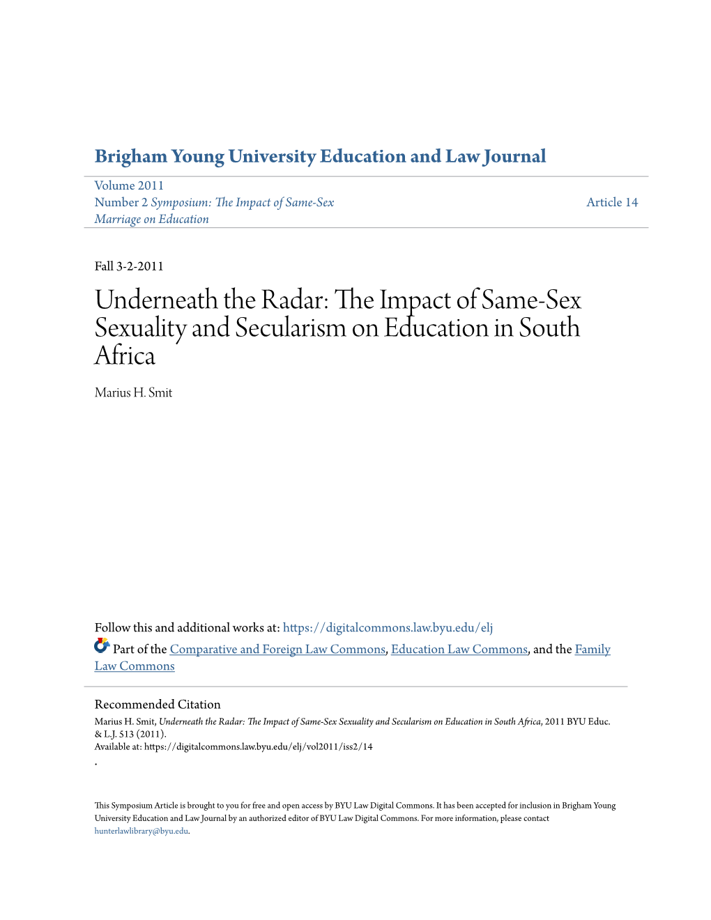 The Impact of Same-Sex Sexuality and Secularism on Education in South Africa, 2011 BYU Educ