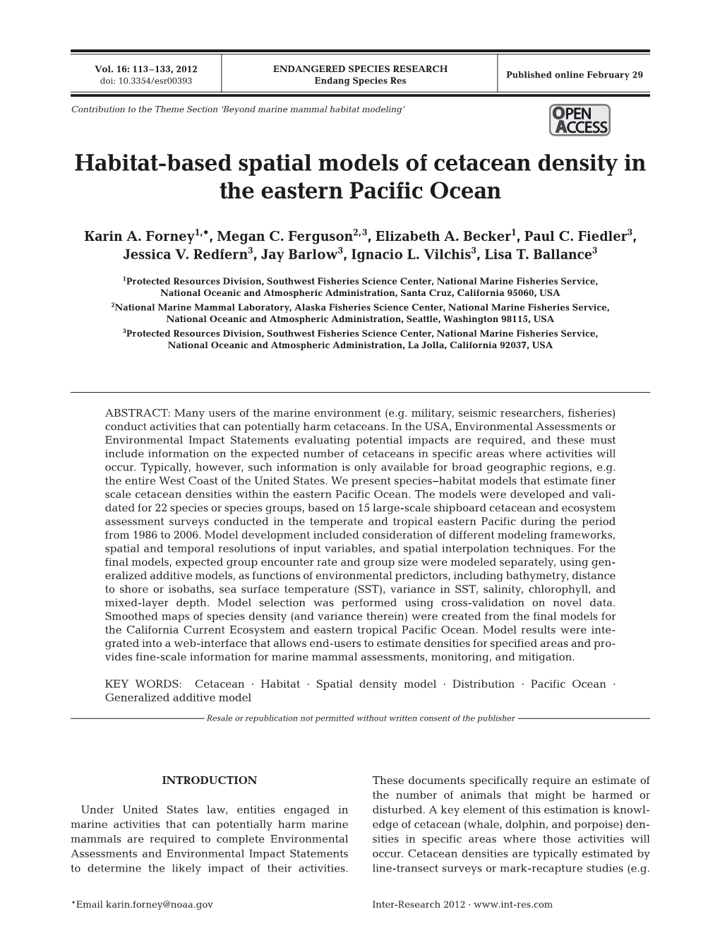 Habitat-Based Spatial Models of Cetacean Density in the Eastern Pacific Ocean