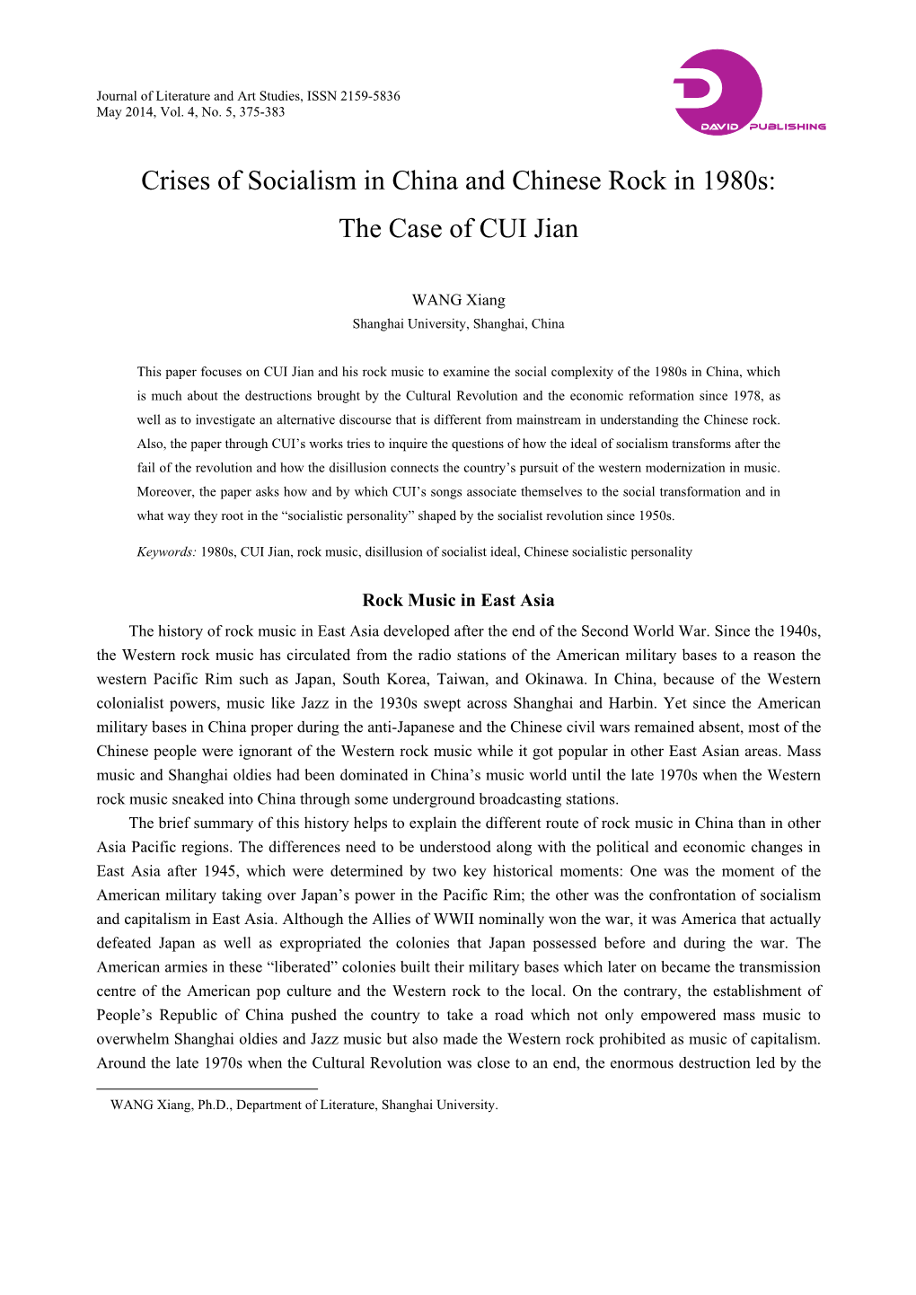 Crises of Socialism in China and Chinese Rock in 1980S: the Case of CUI Jian