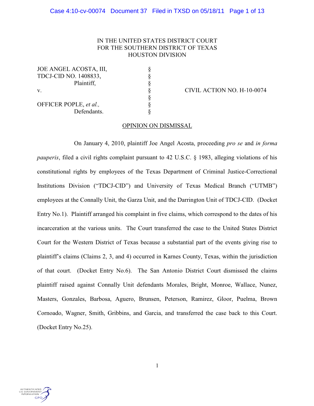 Case 4:10-Cv-00074 Document 37 Filed in TXSD on 05/18/11 Page 1 of 13