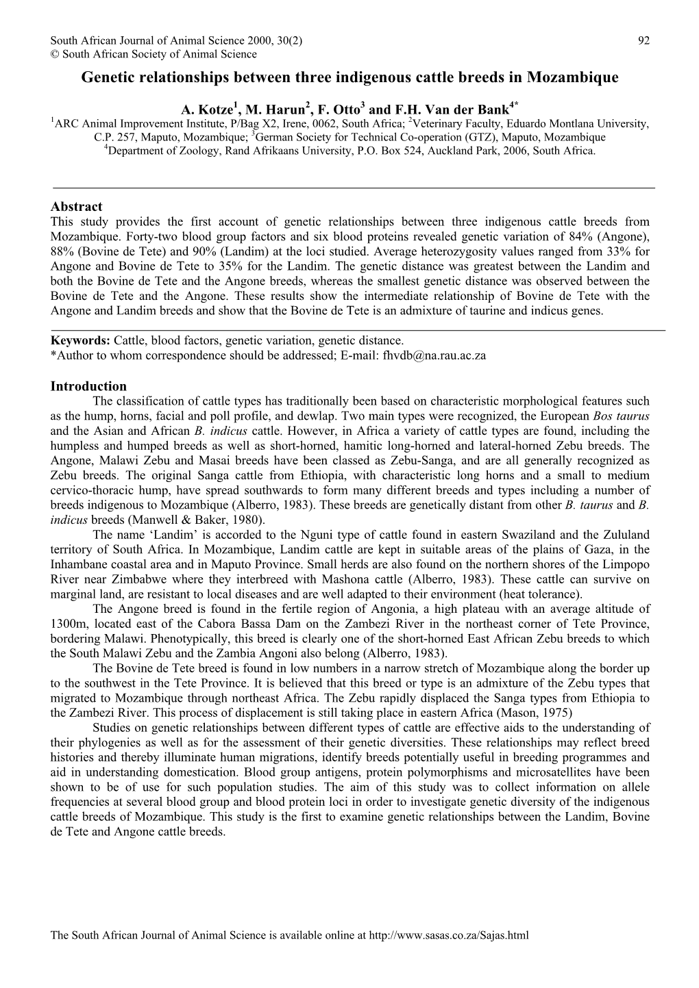 Genetic Relationships Between Three Indigenous Cattle Breeds in Mozambique