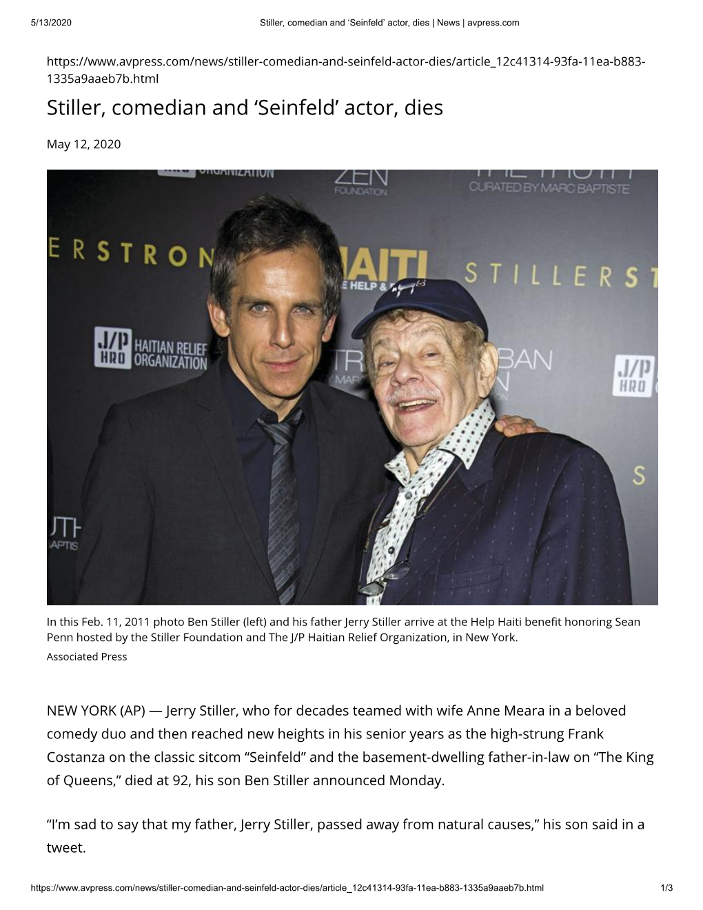 Stiller, Comedian and 'Seinfeld' Actor, Dies