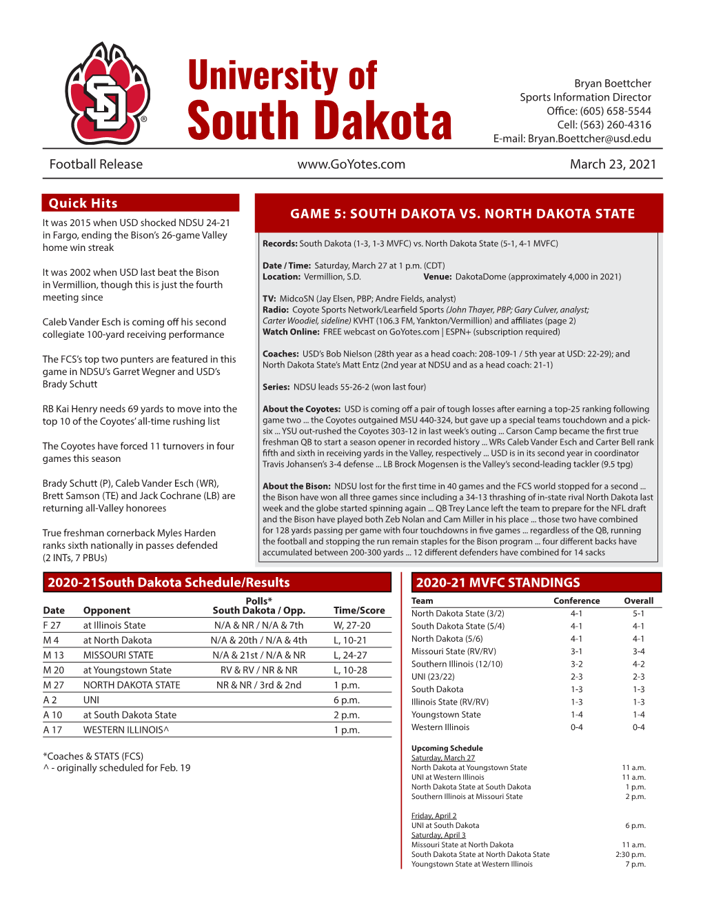 South Dakota E-Mail: Bryan.Boettcher@Usd.Edu Football Release March 23, 2021