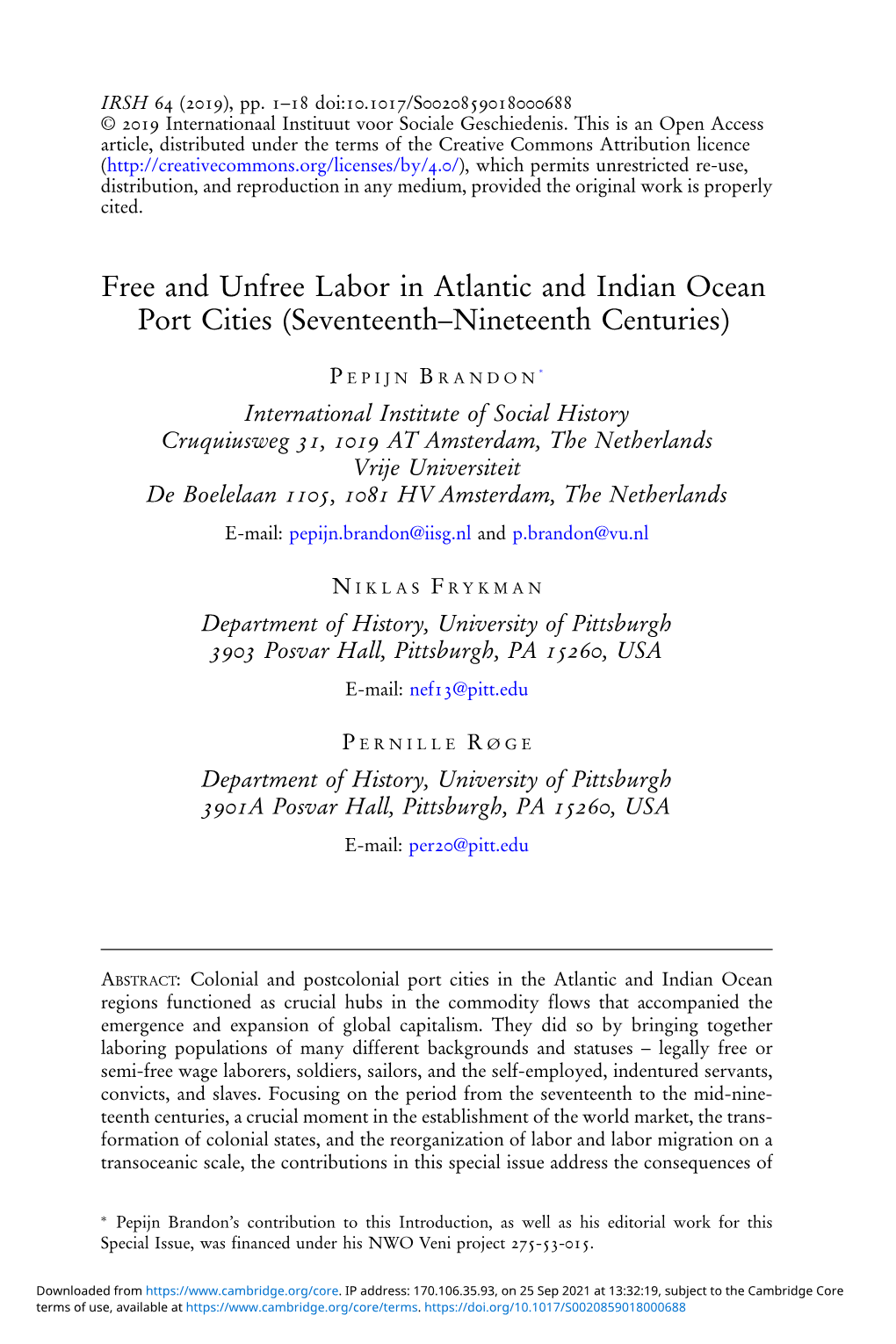 Free and Unfree Labor in Atlantic and Indian Ocean Port Cities (Seventeenth–Nineteenth Centuries)